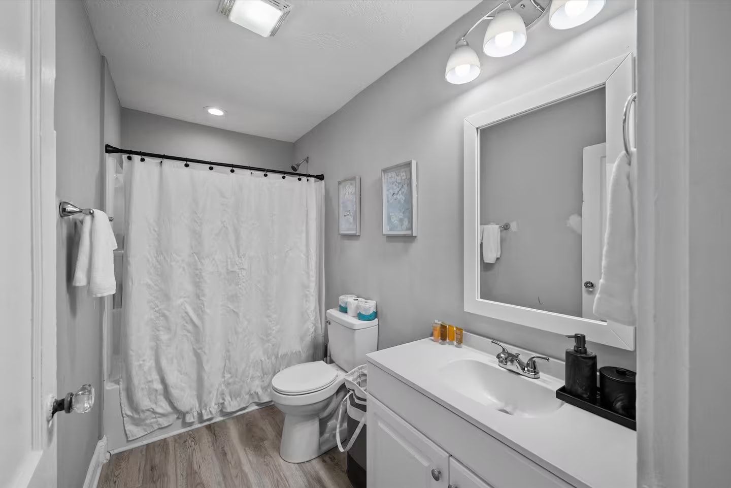 Renovated bathroom with vanity and shower
