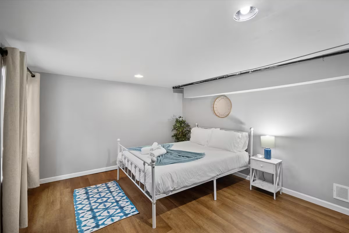 Queen bedroom with blue accents
